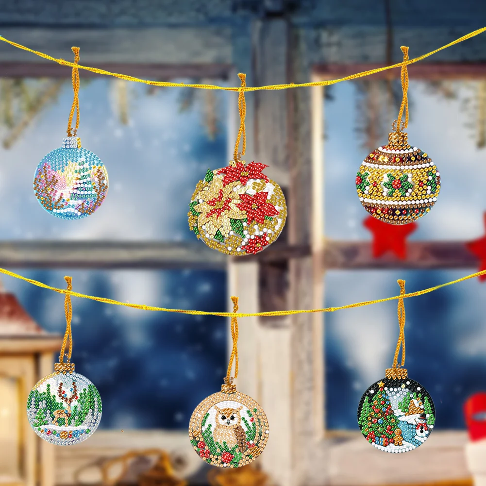 6pcs Xmas Balls 2D Flat DIY Diamond Painting Art Pendant Wall Door Decoration