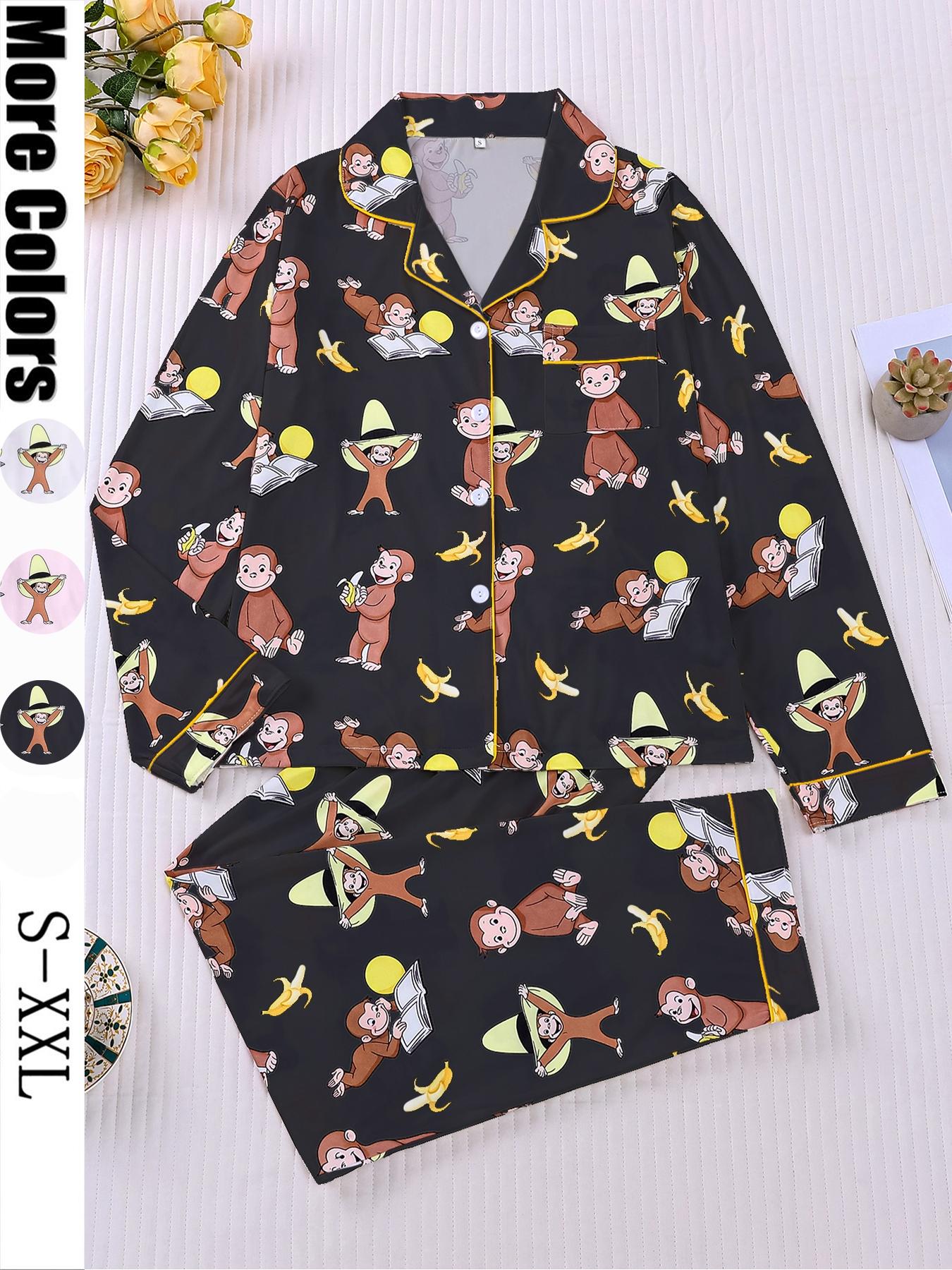 Women's Monkey Banana Print Pajama Set Pyjamas Pjs, Comfortable Fit Long Sleeve Button Shirt & Elastic Pants, Casual Everyday Home Wear Loungewear for All Seasons
