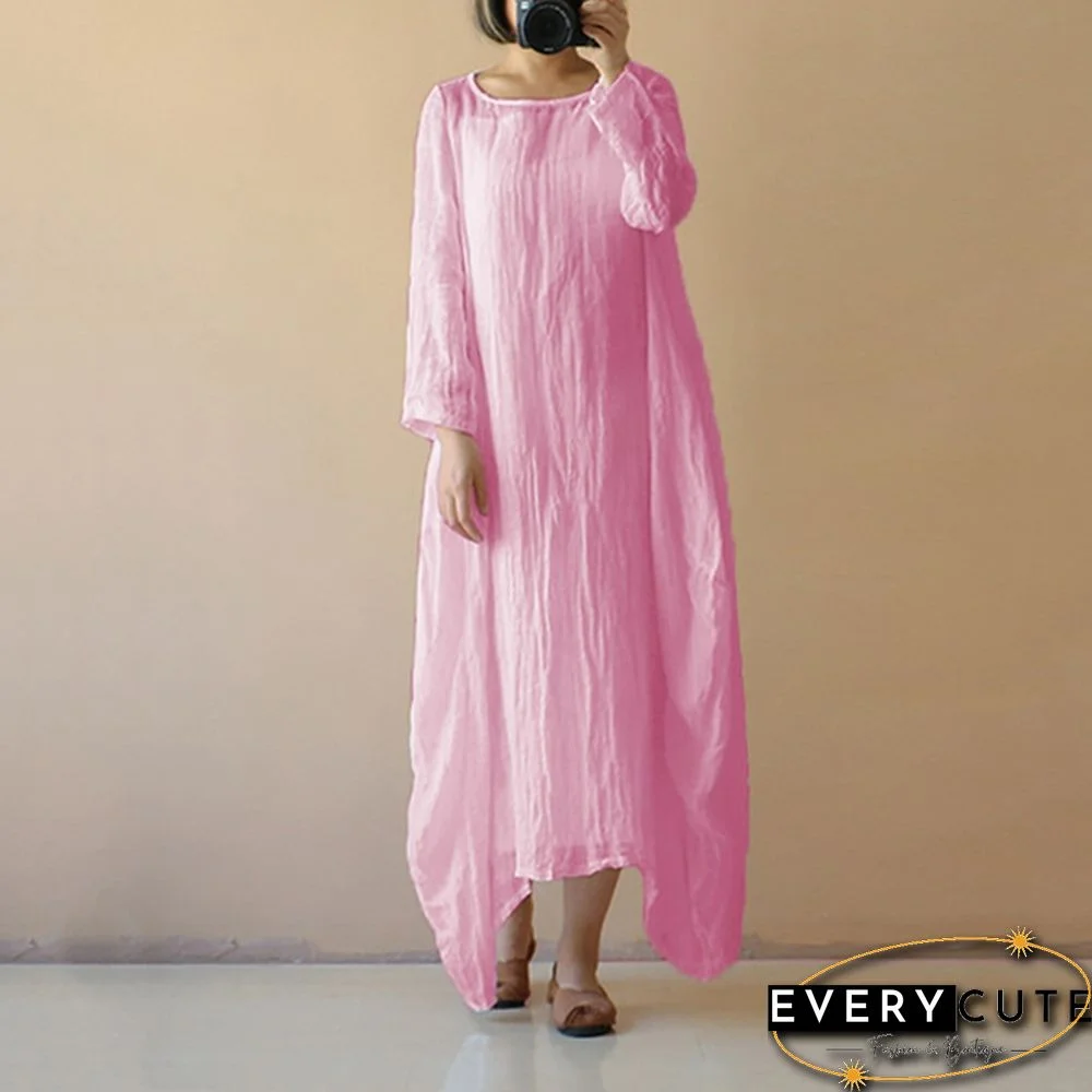 Womens Spring Light Comfy Cotton O Neck Solid Long Sleeve Long Shirt Dress Plus Size