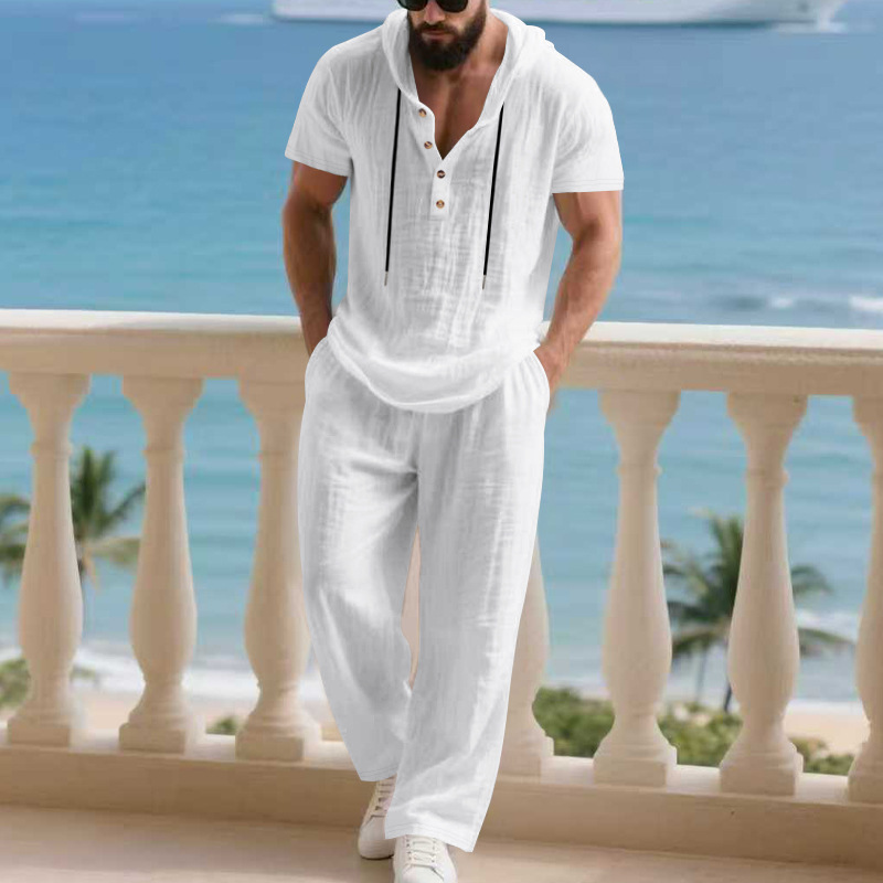 Men’s Summer Short Sleeve Shirt Set Lightweight Premium Linen Hooded Shirt & Loose Straight-Leg Pants Set