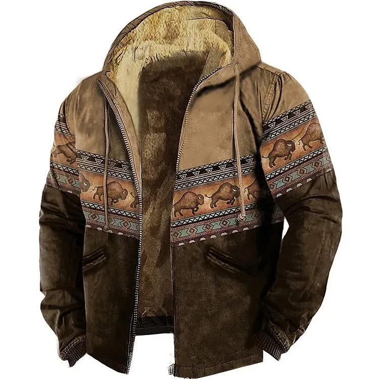 Vintage Ethnic Animal Zipper Pocket Long Sleeve Thickened Hooded Coat