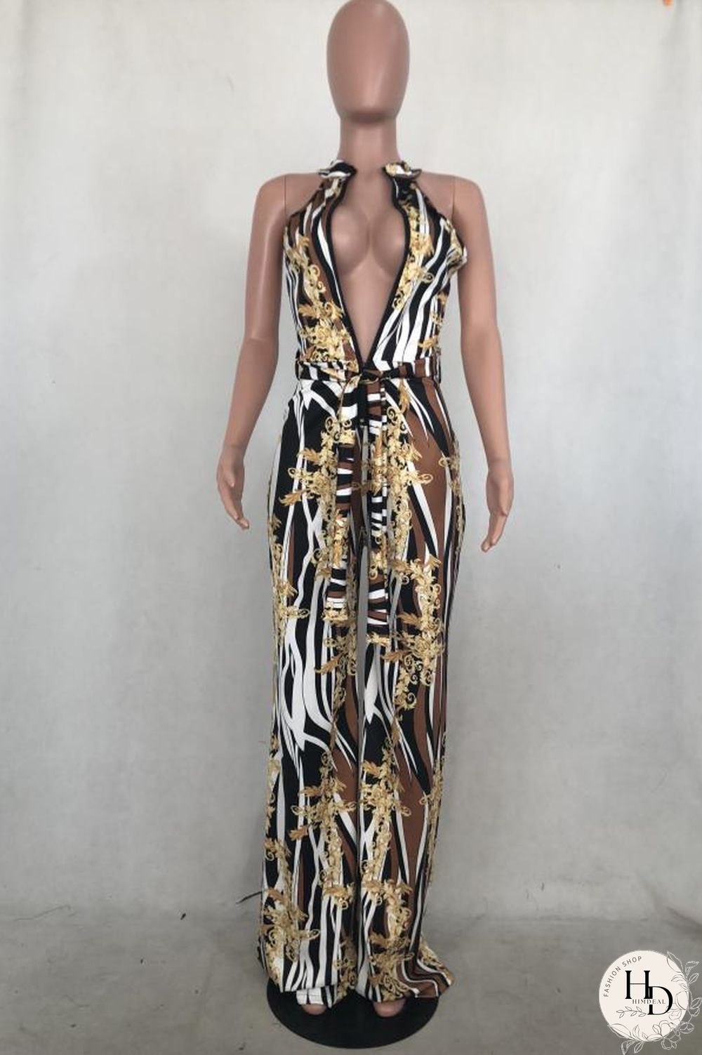 Blue Sexy Fashion Print Backless Asymmetrical Hollow Polyester Sleeveless Asymmetrical Collar