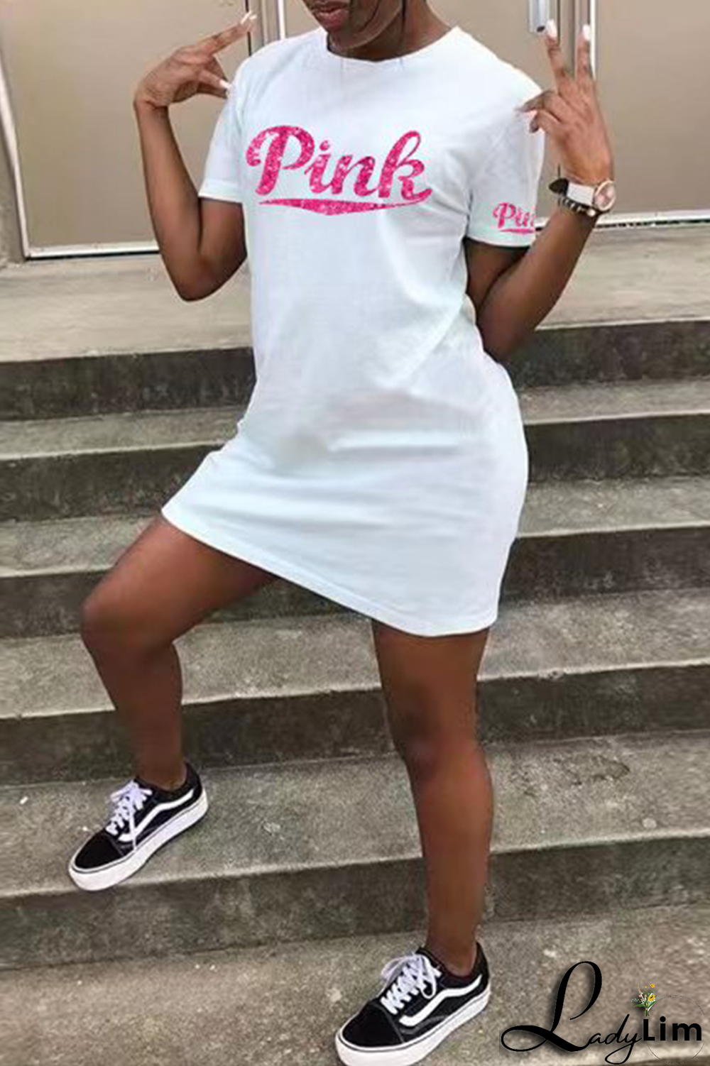 Pink Fashion Patchwork Sequins O Neck Pencil Skirt Dresses