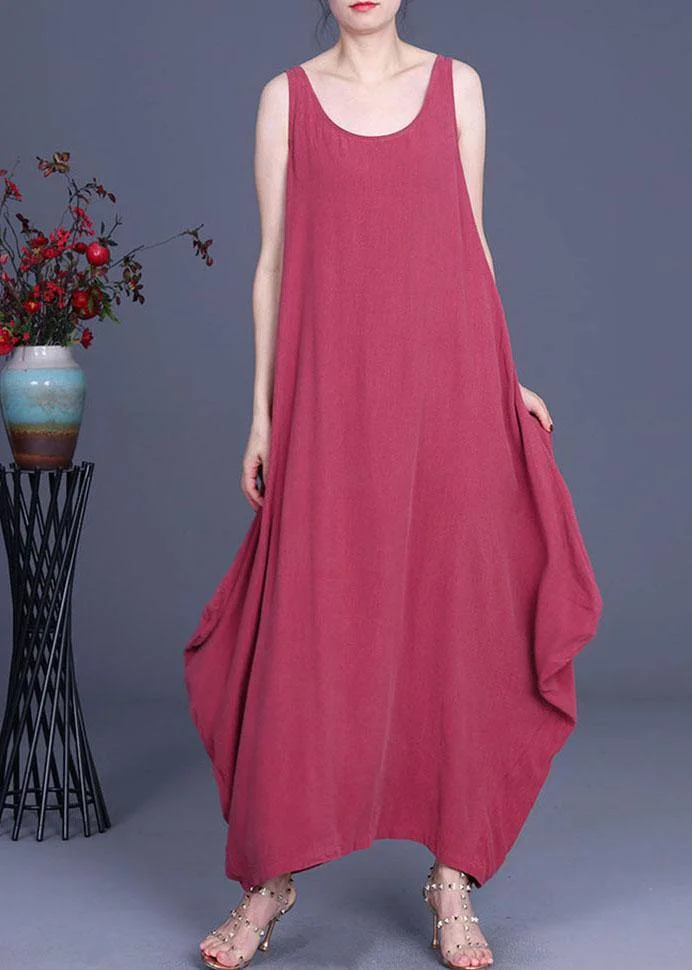 Trendy Red O-Neck Asymmetrical Design Summer Silk Dresses Sleeveless