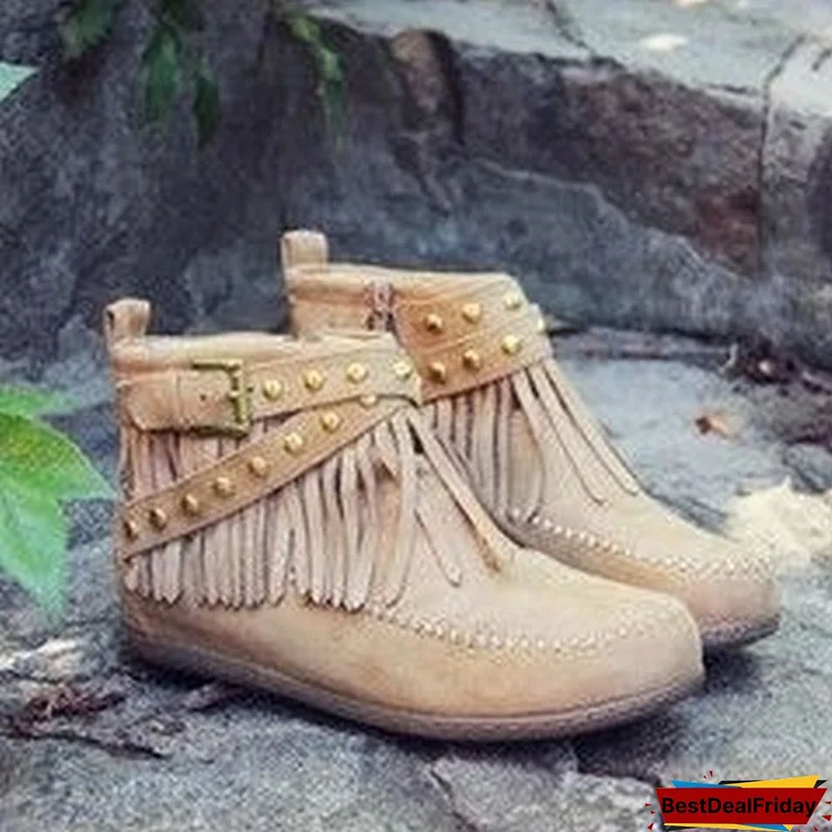 Women's Retro Winter Western Fringe Moccasin Ankle Booties Lace Up Low Heel Cowboy Ankle High Boots