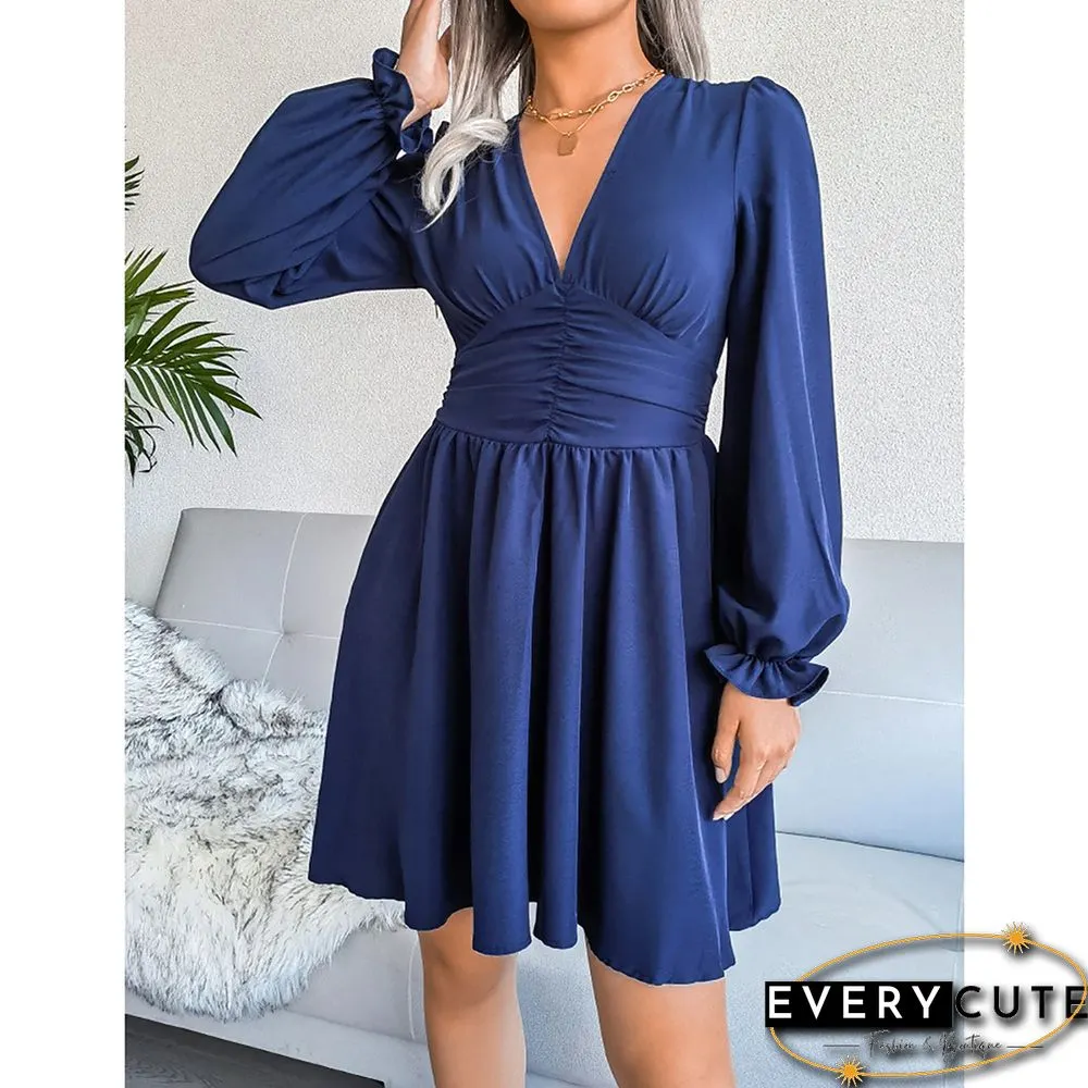 Navy Blue Slim Fit V Neck Pleated Chiffon Long Sleeve Dress