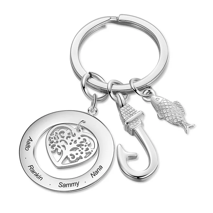 Fish Hook Key Chain with Engraved Family Tree Pendant Charm Personalized Gift for Dad