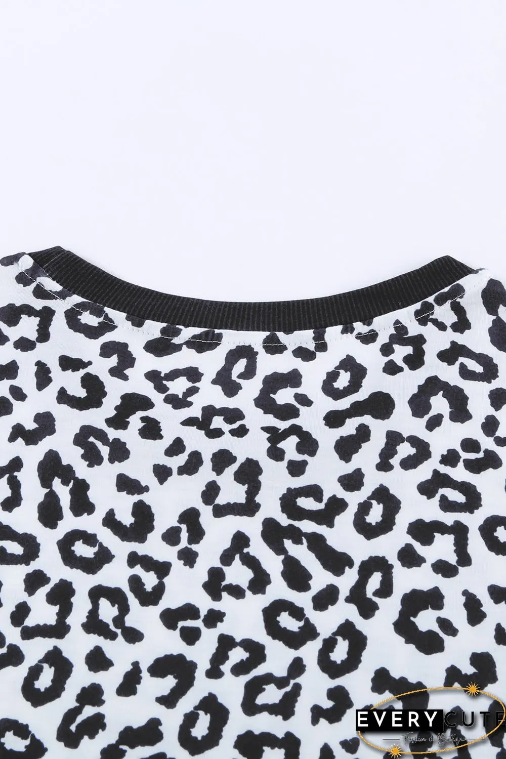 White Crew Neck Leopard Side Split T-shirt