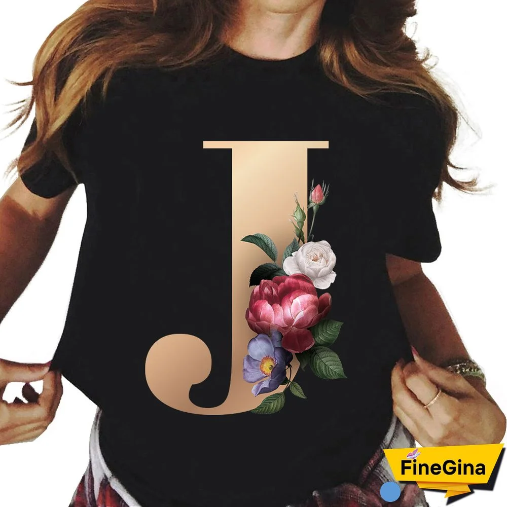 Custom Name Letter Combination T-shirt 26 FloralAlphabetFontClassicTShirt Fashion Harajuku Kawaii TShirt Women Top Tees