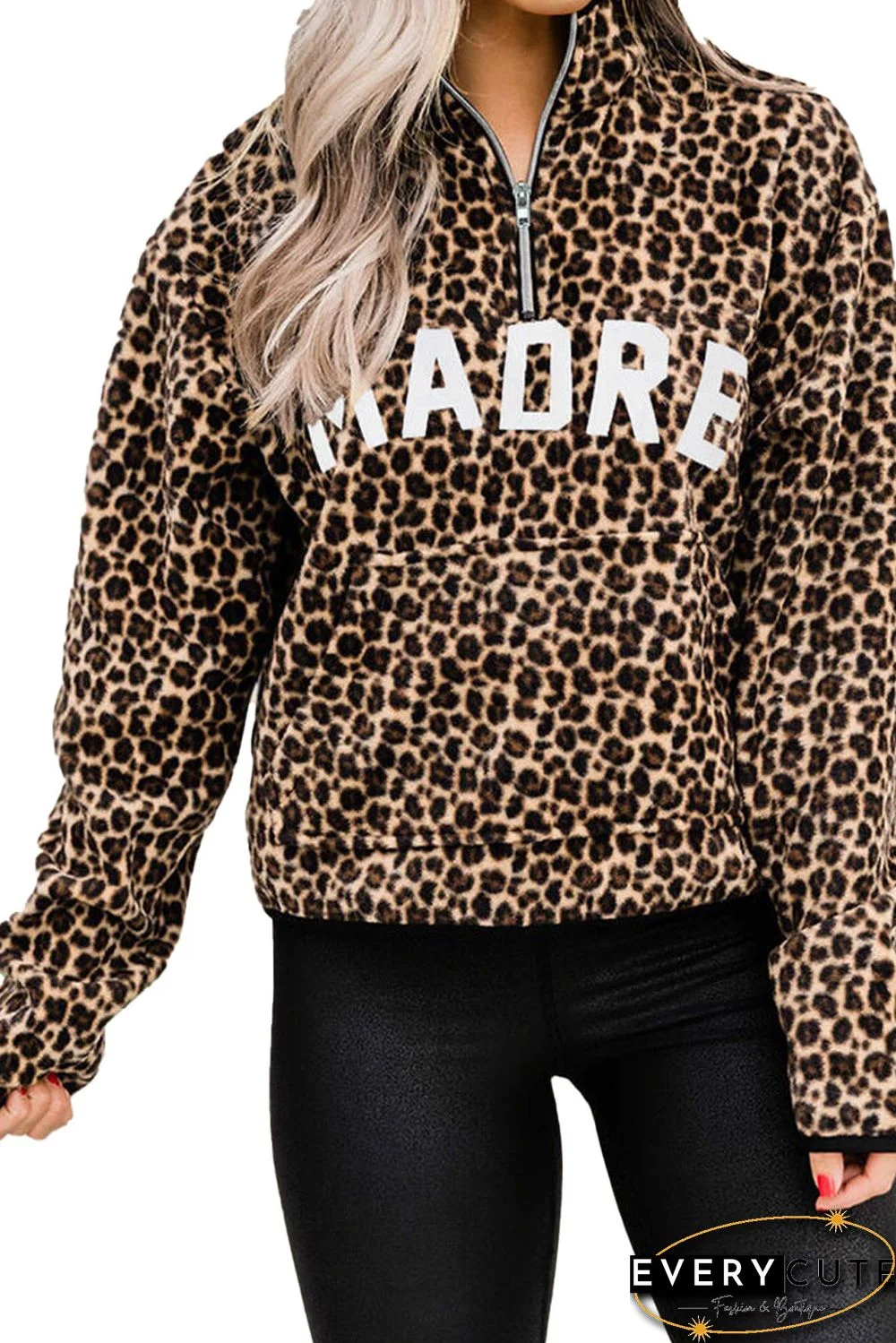 Leopard MADRE Zipper Collar Pullover Sweatshirt
