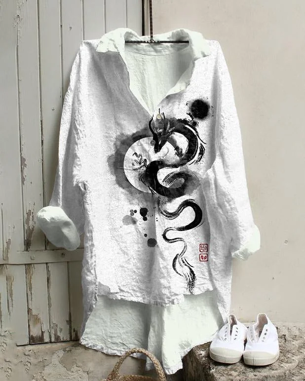 Ink Dragon Print Cotton And Linen Tunic Shirt