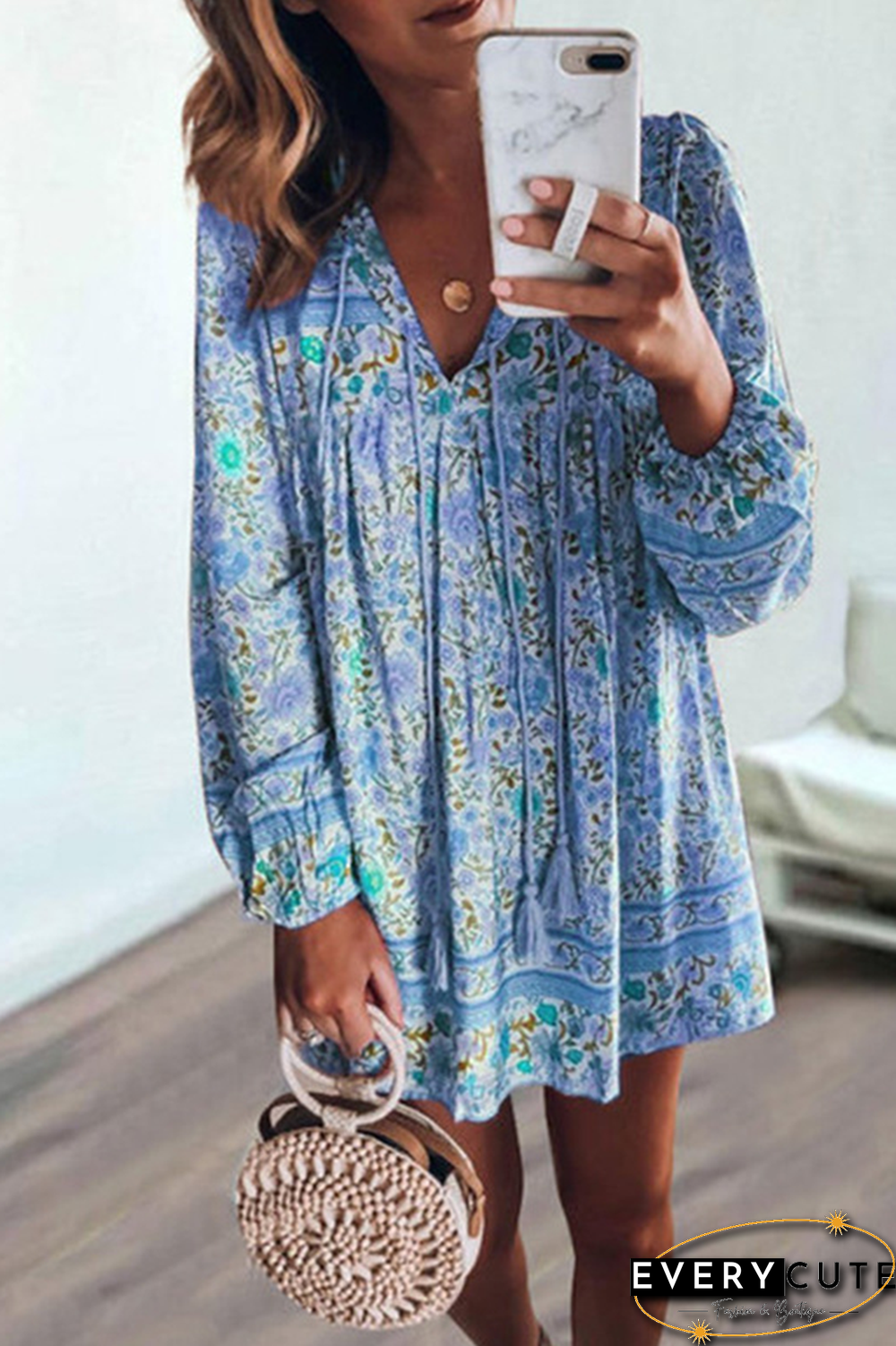 Casual Print Split Joint V Neck Cake Skirt Dresses(4 Colors)