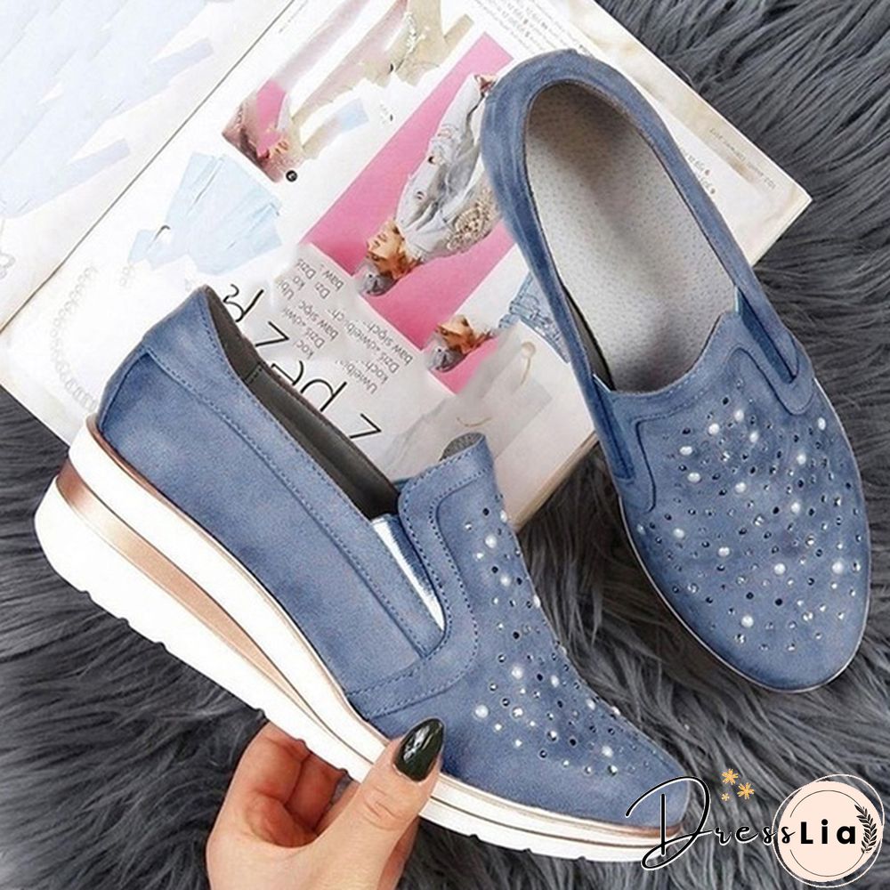 Women Casual Thick Sole Single Shoes Rhinestones Sandals Breathable Wedge Shoes