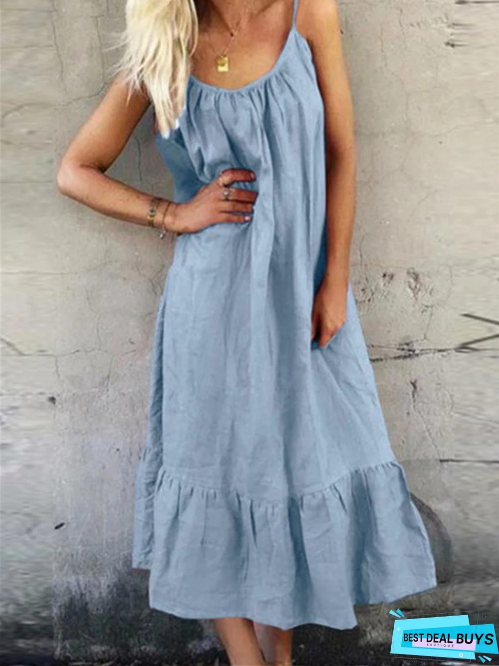 Cotton Linen Halter Dress In Solid Color with Flounces White Dresses