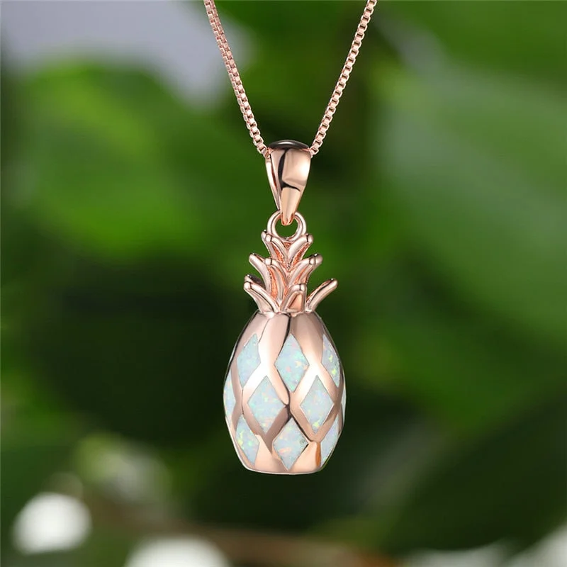 Cute Female Fruit Pineapple Pendant Necklace Rose Gold Silver Color Chain Necklaces For Women Charm Bridal Opal Wedding Necklace