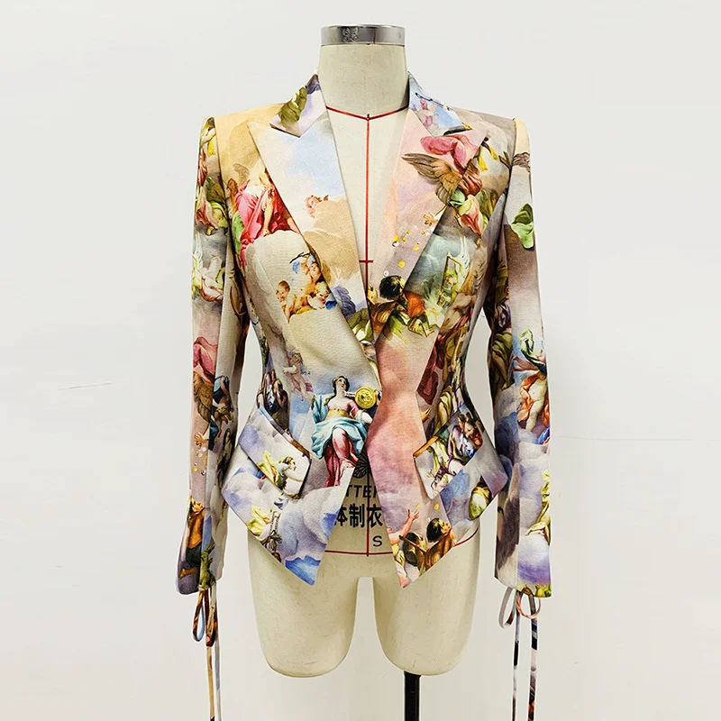 Nigikala Nigikala New Fashion Rope Repair Waist Retro Renaissance Angel Printed Suit Jacket