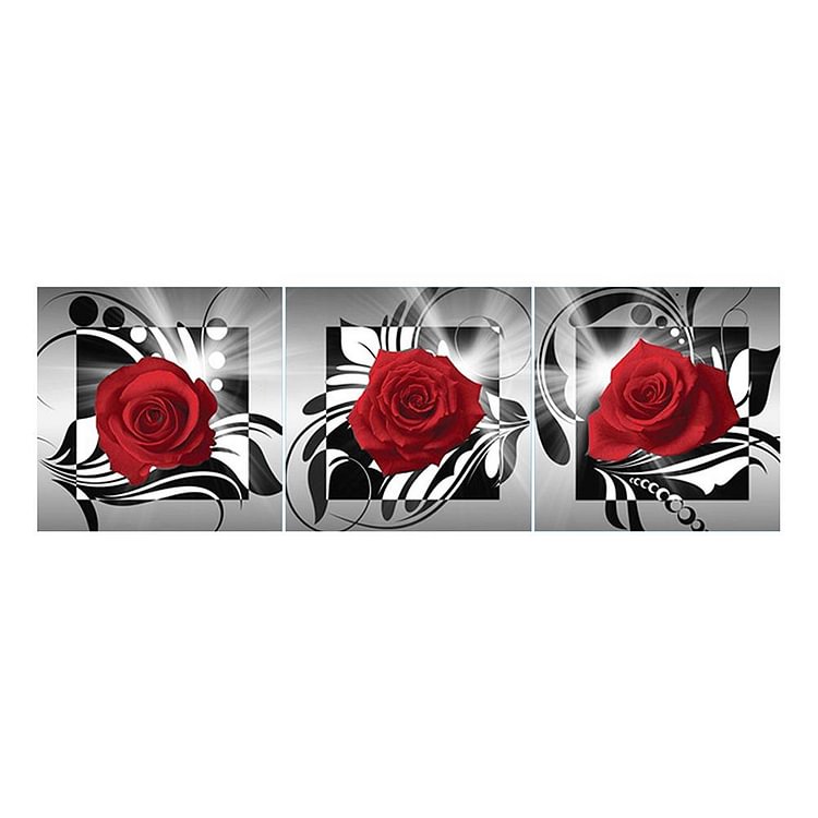 Red Rose 3-pictures Round Full Drill Diamond Painting 95X34CM(Canvas) gbfke