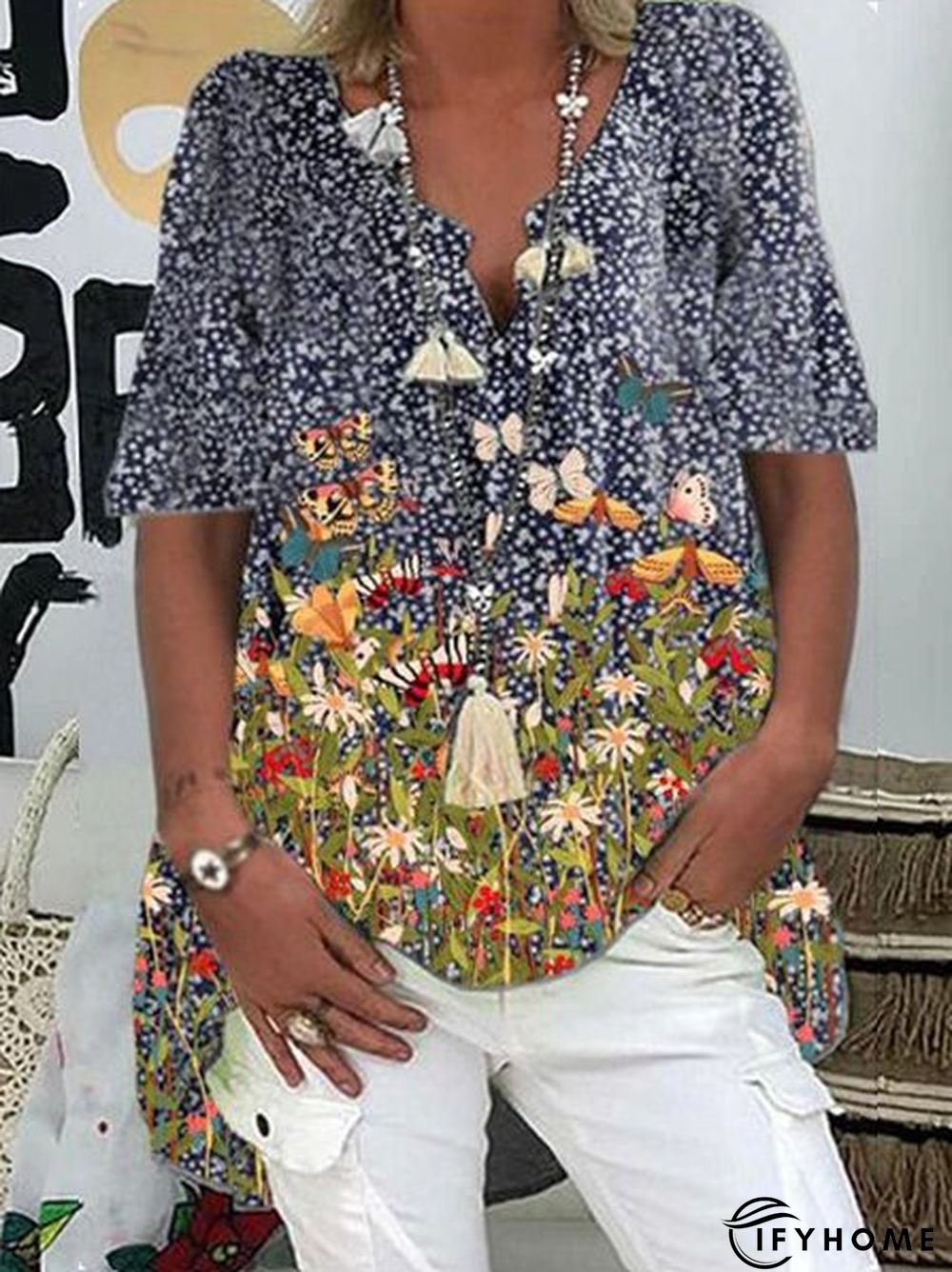 Large size floral blouse with short sleeves | IFYHOME