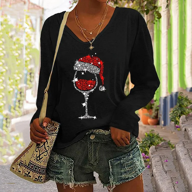 VChics Christmas Wine Glass Print V-Neck Long Sleeved T-Shirt