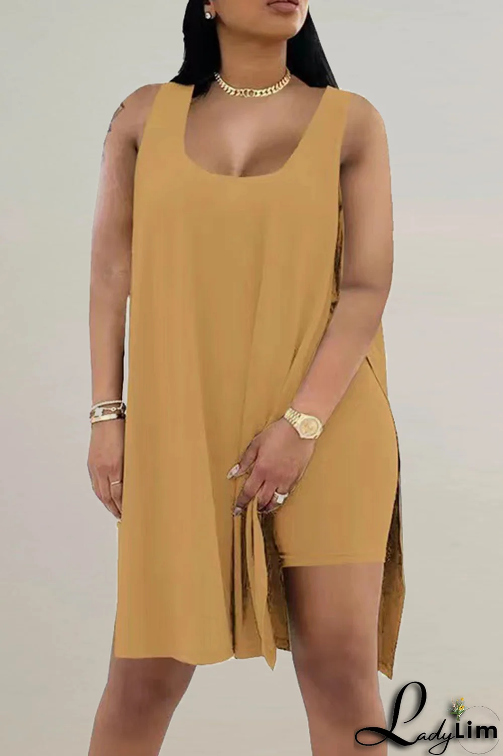 Black Casual Solid Slit Square Collar Sleeveless Two Pieces