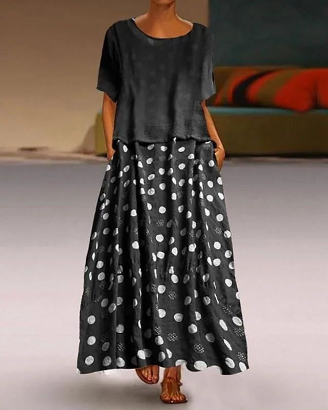 Women's Loose Maxi Long Dress - Short Sleeve Polka Dot Print Spring & Summer Hot Plus Size Abaya Holiday Loose Black Dresses