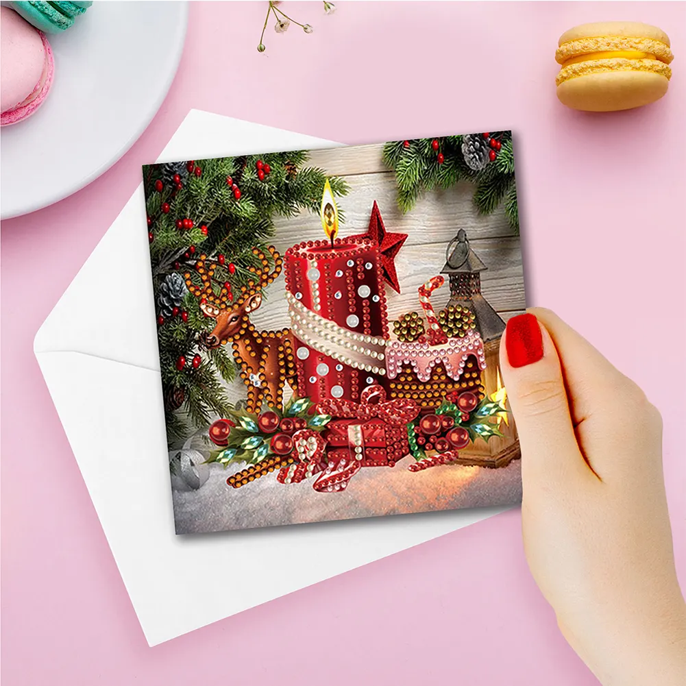 6pcs DIY Christmas Reindeer Candle DIY Diamond Painting Card for Friends Family Gift【With White Envelope】