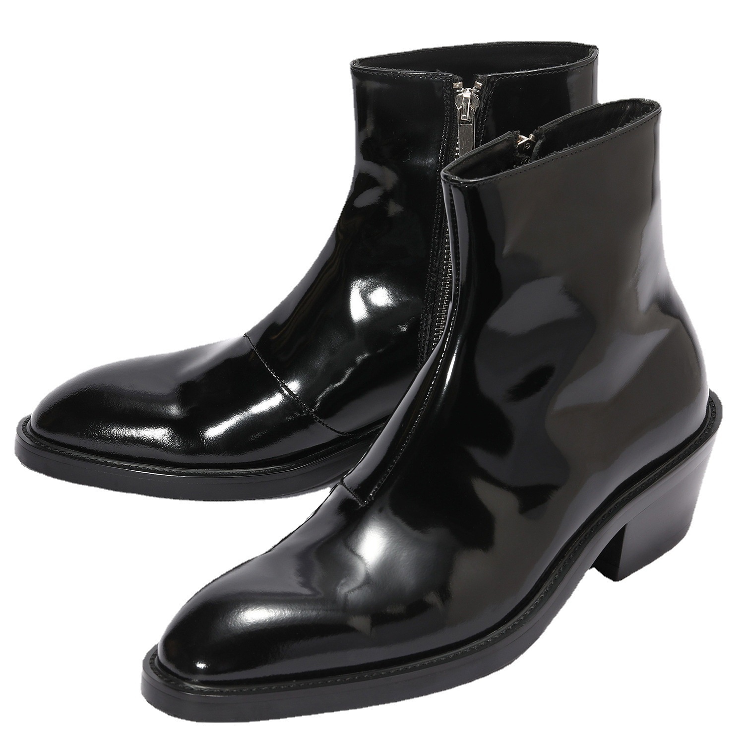 Chelsea Boots Men British-Style Boots Bright Leather Black Pointed-Toe Side Zip High Top High Heel Boots Men