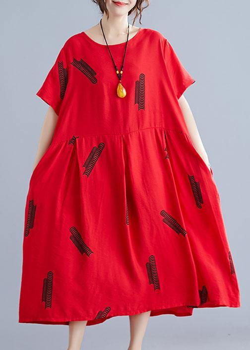 VCSHOES red prints linen dresses Cinched Maxi summer Dress