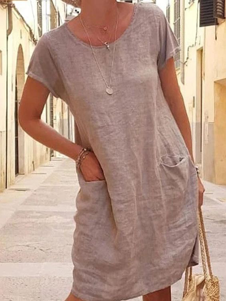 Women's New Summer Loose Solid Color Short-sleeved Round Neck Cotton Linen Midi Dress