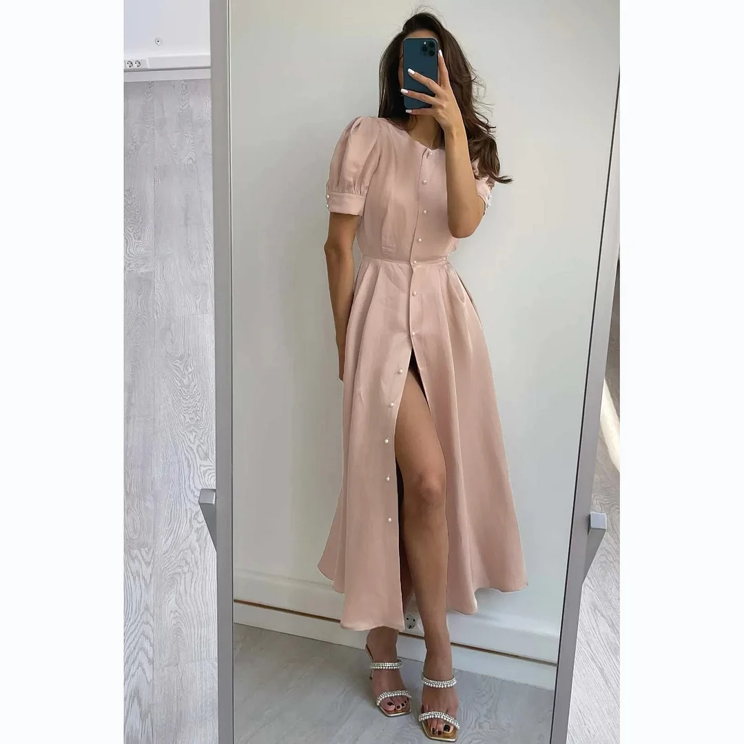 Brownm Style Summer Fashion Waist-controlled Single-breasted Commuter Dress
