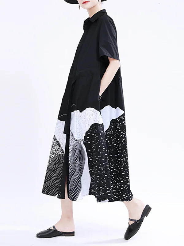 Tied Waist Printed Drawstring Contrast Color Short Sleeves Loose Lapel Shirt Dress Midi Dresses