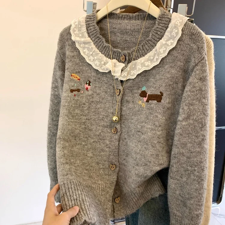 Athvotar Athvotar Neckpeek Tat-Stip-Up T-Shirt Coat Women's Autumn And Winter New Gentle Wind Cartoon Puppy Embroidered Long-Sleeved Sweater