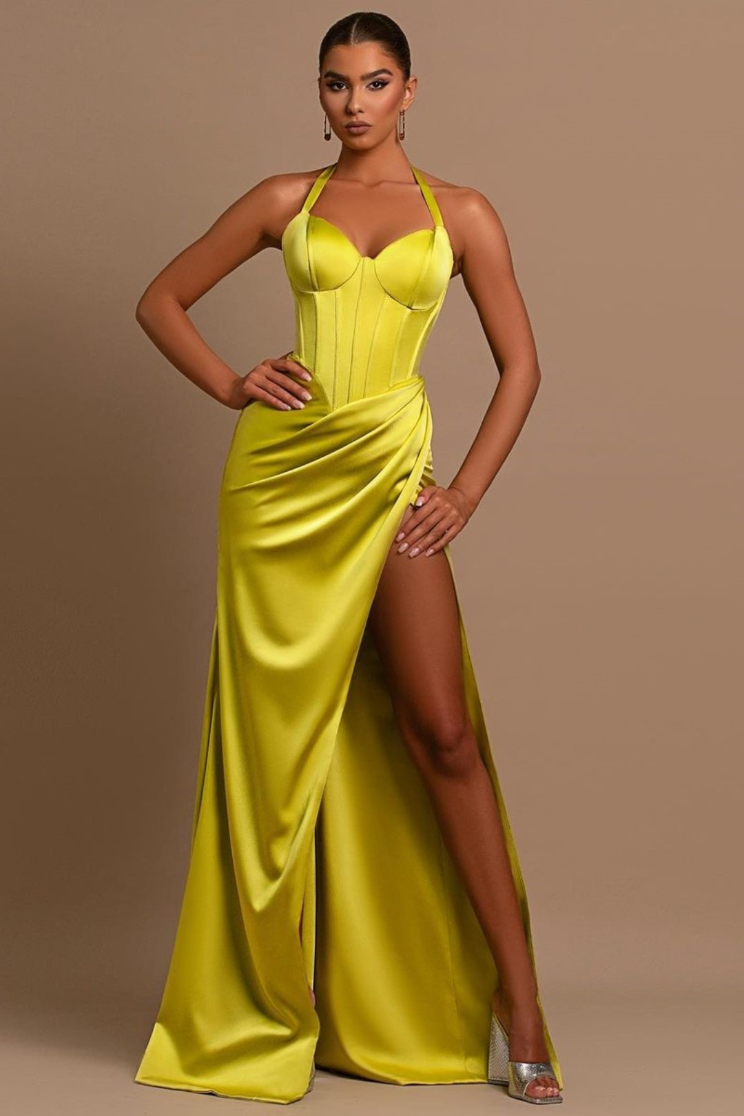 Daffodil Long Prom Dress Halter Ball Gown With Pleated Slit YL0183