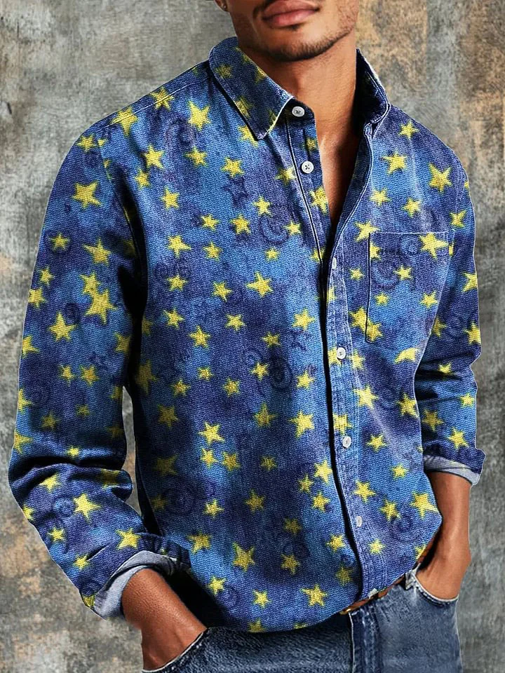 Men's Vintage Star Line Spiral Art Print Long Sleeve Pocket Shirt