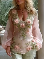 Women's Vintage Floral Embroidery Linen Blend Long-sleeve T-shirt