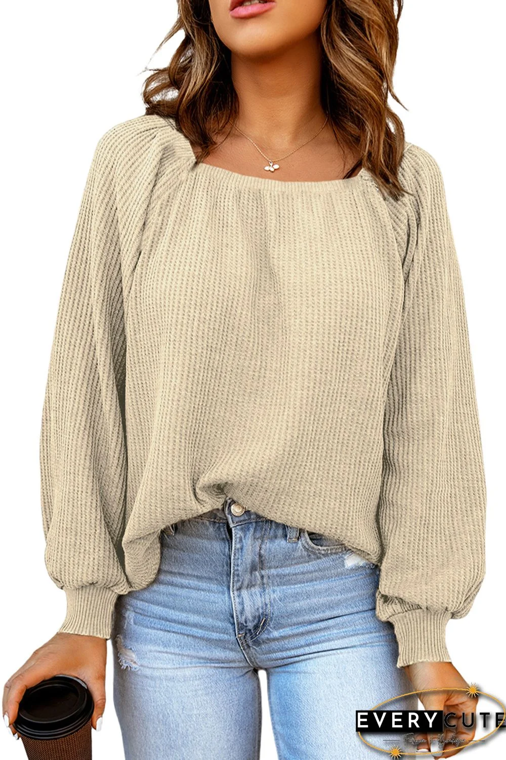 Apricot Scoop Neck Puff Sleeve Waffle Knit Top