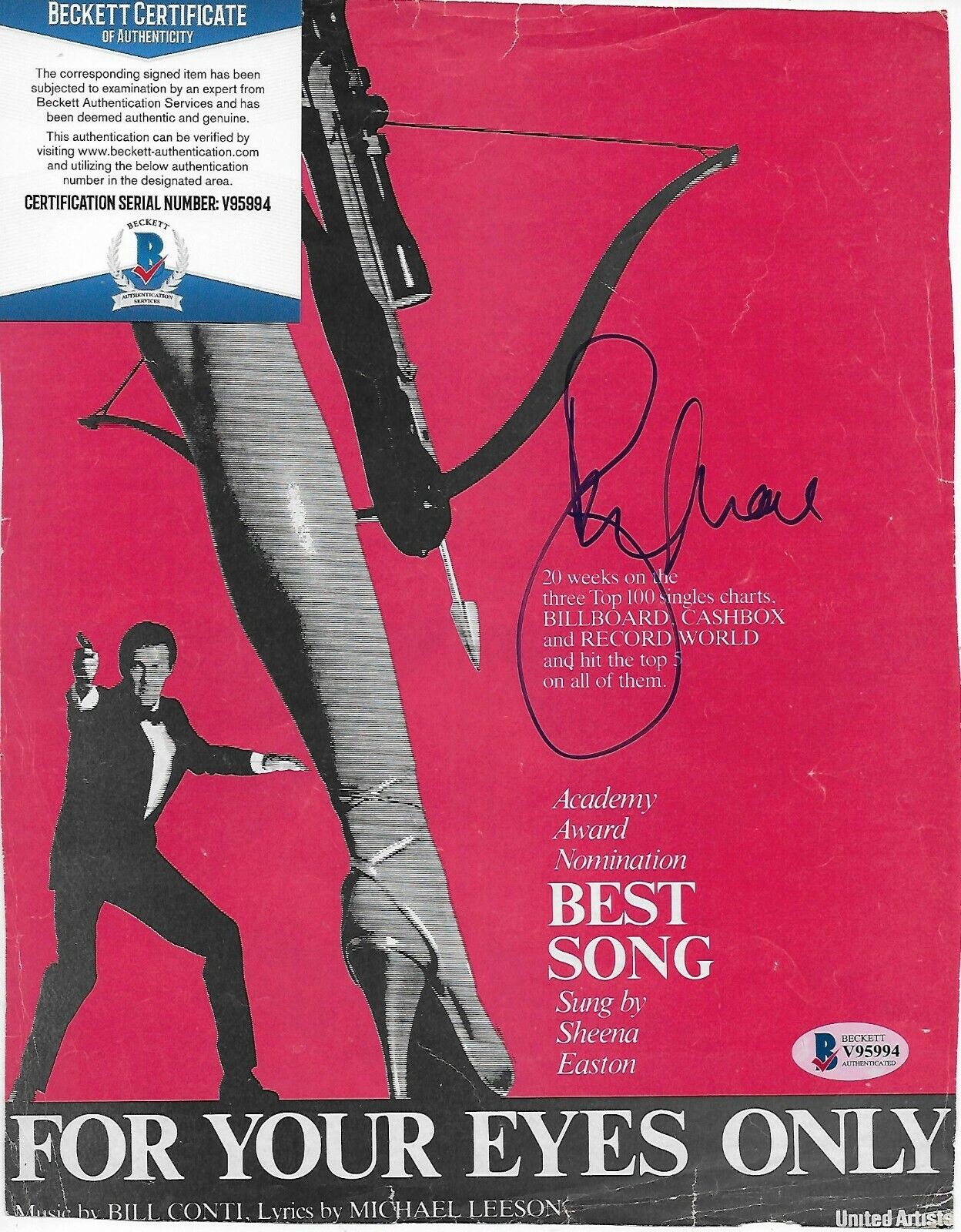 Roger Moore (1927-2017) Bond 007 Original Signed Sheet Music w/Beckett COA