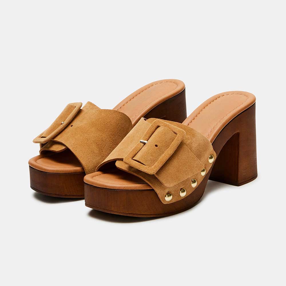 Brown Round Toe Chunky Heel Buckle Wide Band Platform Mules Nicepairs