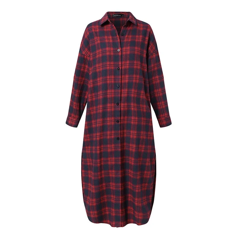ZANZEA Vintage Women Plaid Checked Long Shirt Dress 2022 Autumn Casual Lapel Neck Long Sleeve Sundress Loose Vestidos Robe Femme
