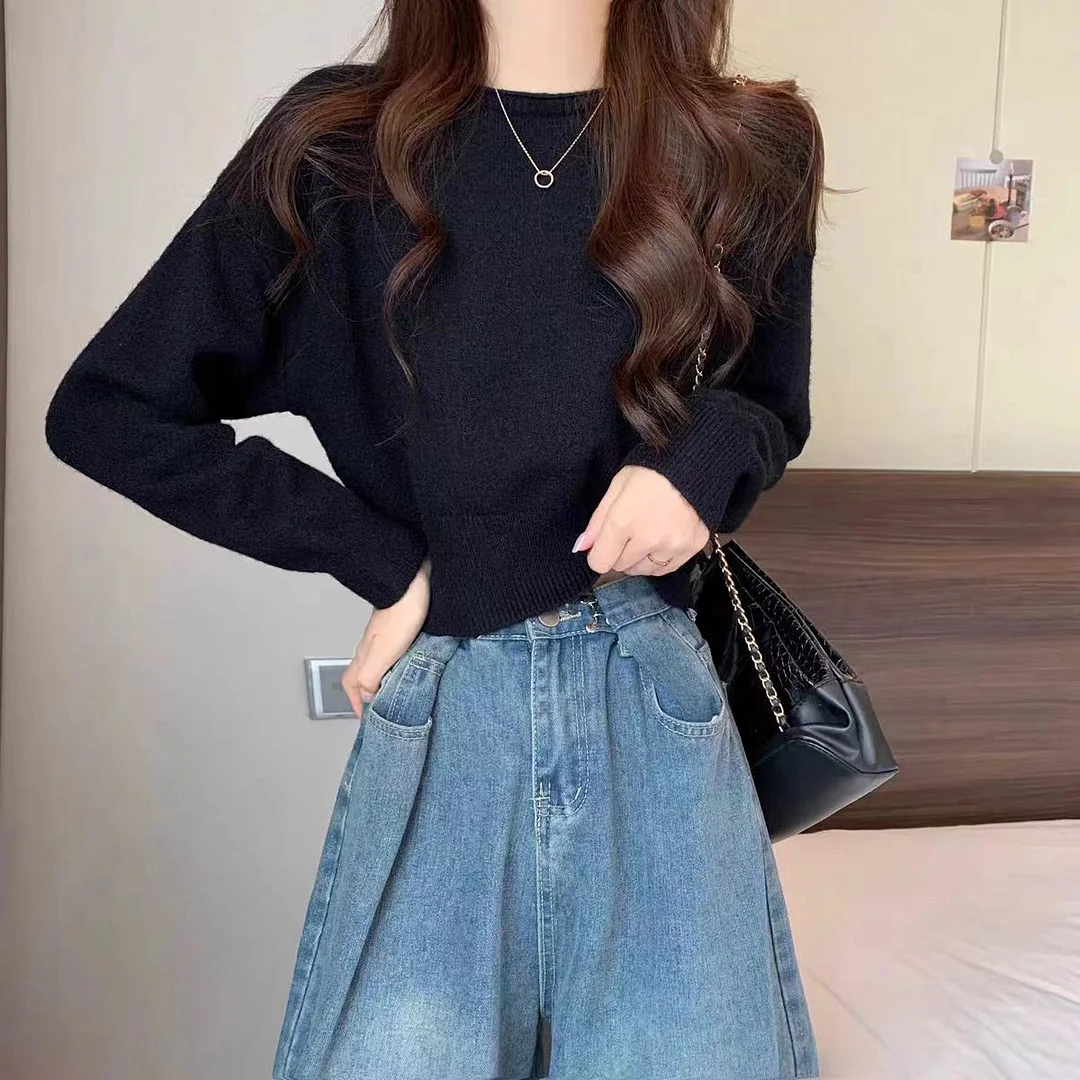 Ueong One-Word Collared Sweater For Women In Autumn And Winter, A Solid Color Casual Sweater, A Small Foreign Sweater.
