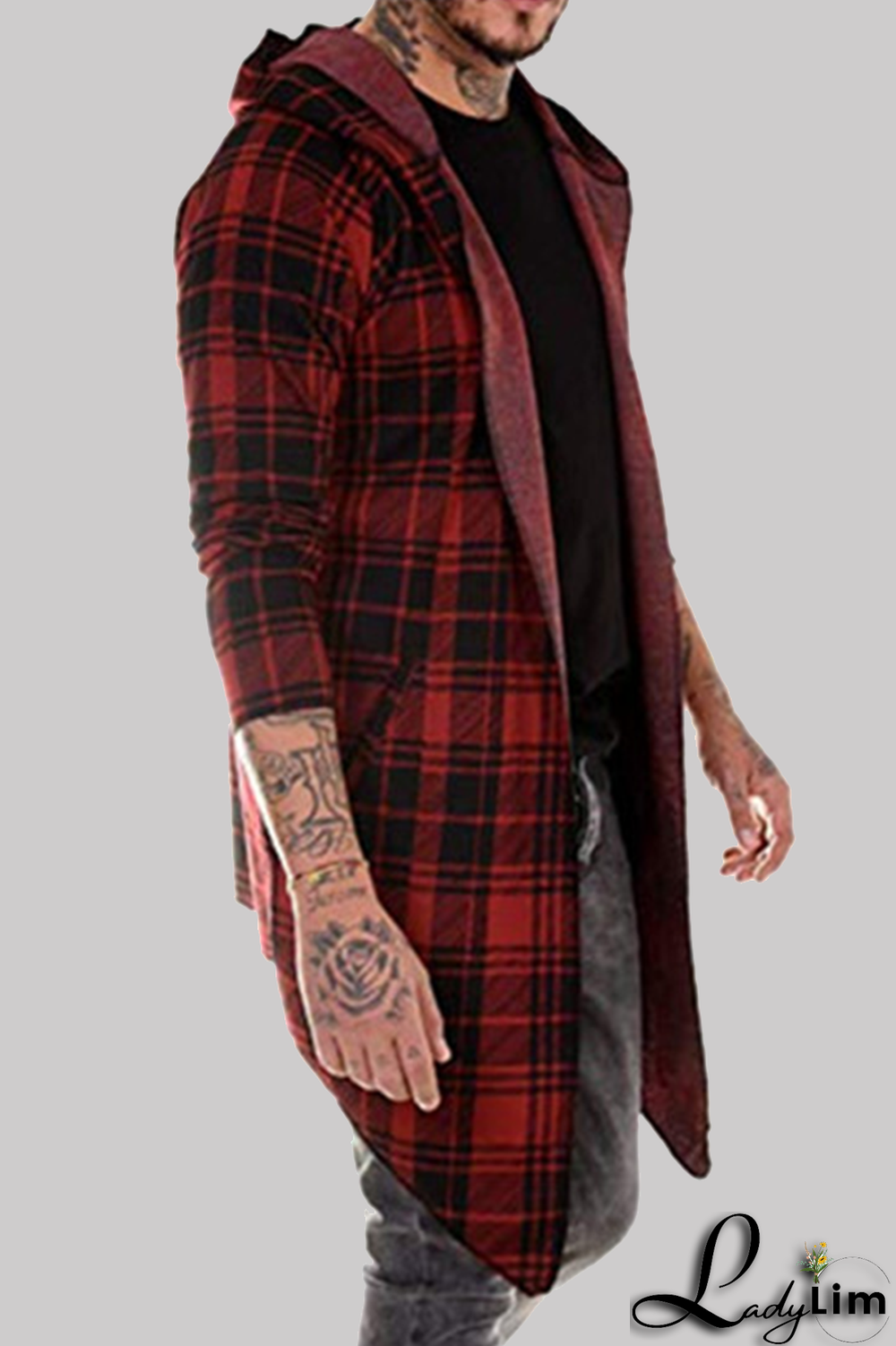 Dark Gray Fashion Casual Plaid Split Joint Hooded Collar Outerwear
