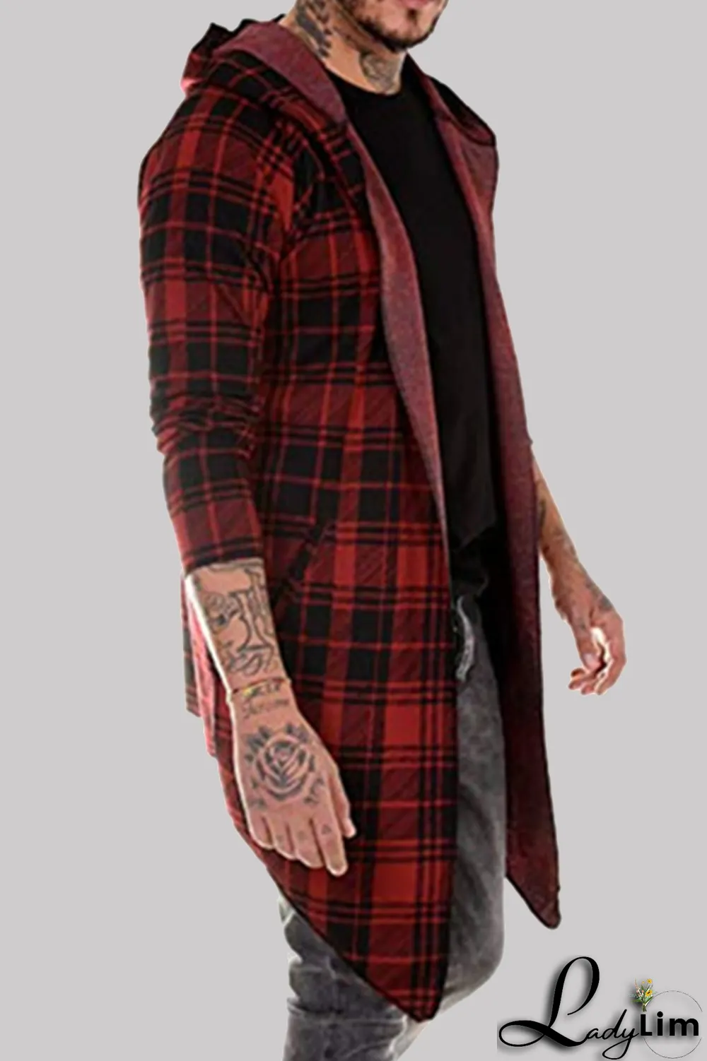 Dark Gray Fashion Casual Plaid Split Joint Hooded Collar Outerwear