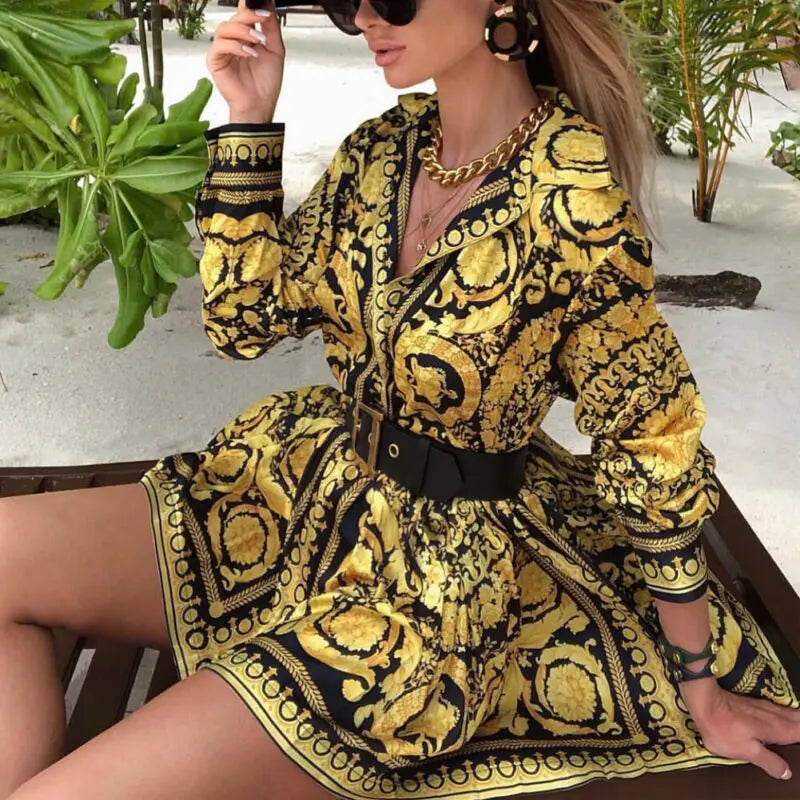 Fashion Vintage Womens Boho Dress 2020 Spring Loose Long Sleeve Party A-Line Dress Ladies Sexy V-neck Swing Short Mini Dresses Lanfubeisi