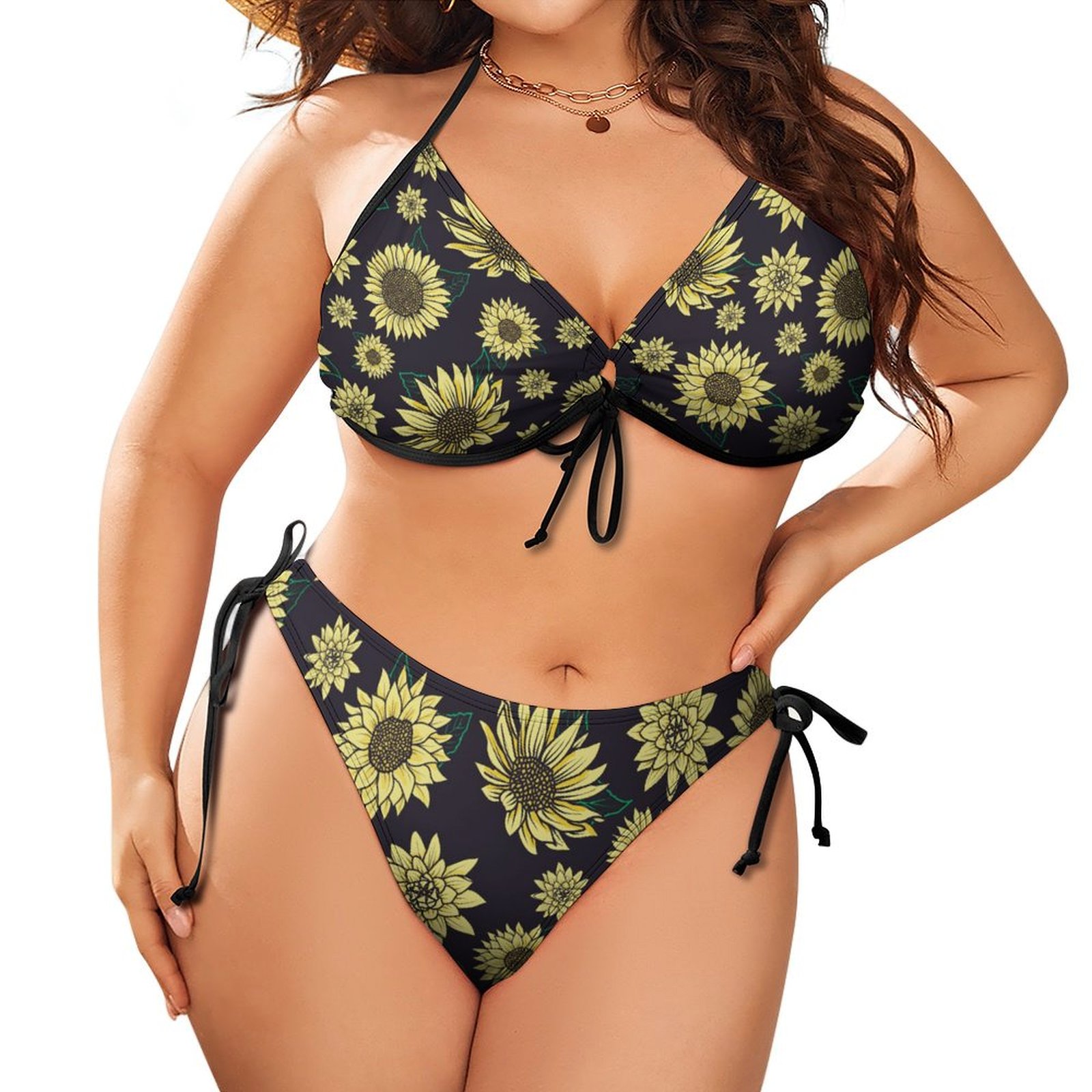 Women's Sunflowrs Plus Size Triangle Bikini String Two Piece Halter Tie Side Swimsuit