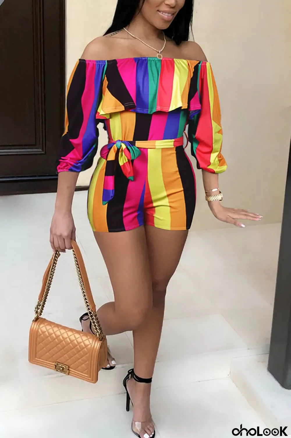 Rainbow color Fashion Sexy Print Milk. Half Sleeve one word collar Jumpsuits