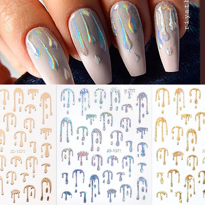 1 Pc 3D Nail Stickers Laser Gold Silver Black White Drops Design  Self-Adhesive Slider Nail Art Decorations Decals Manicure Tool-Nail Inspo
