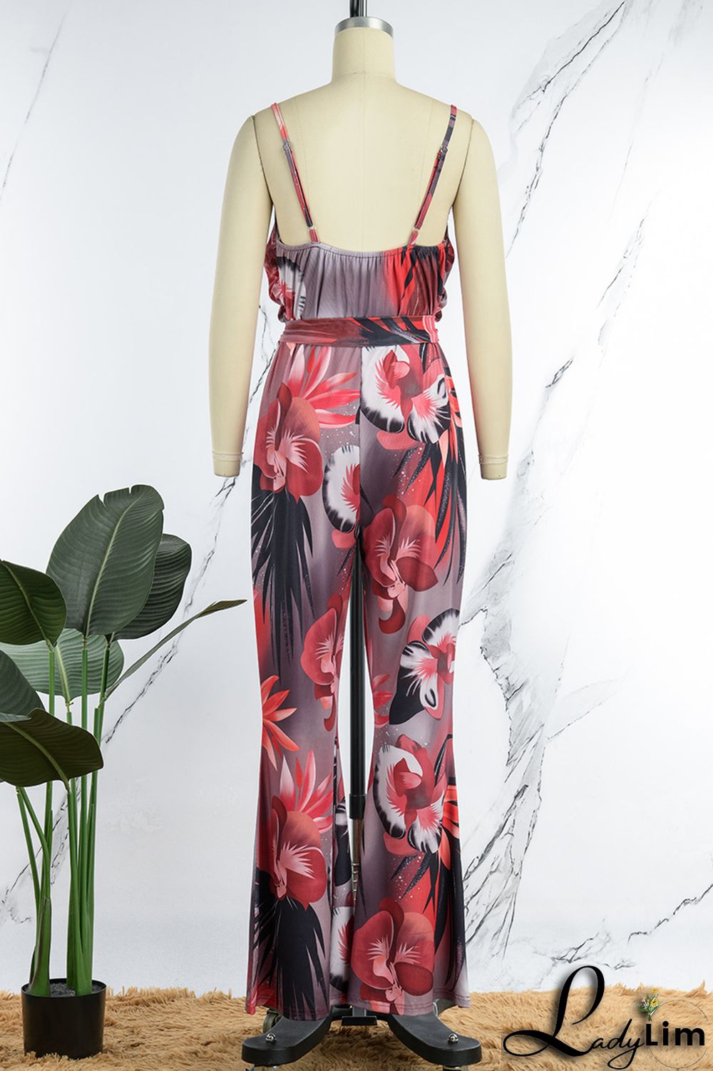 Red Sexy Print Bandage Patchwork Spaghetti Strap Regular Jumpsuits