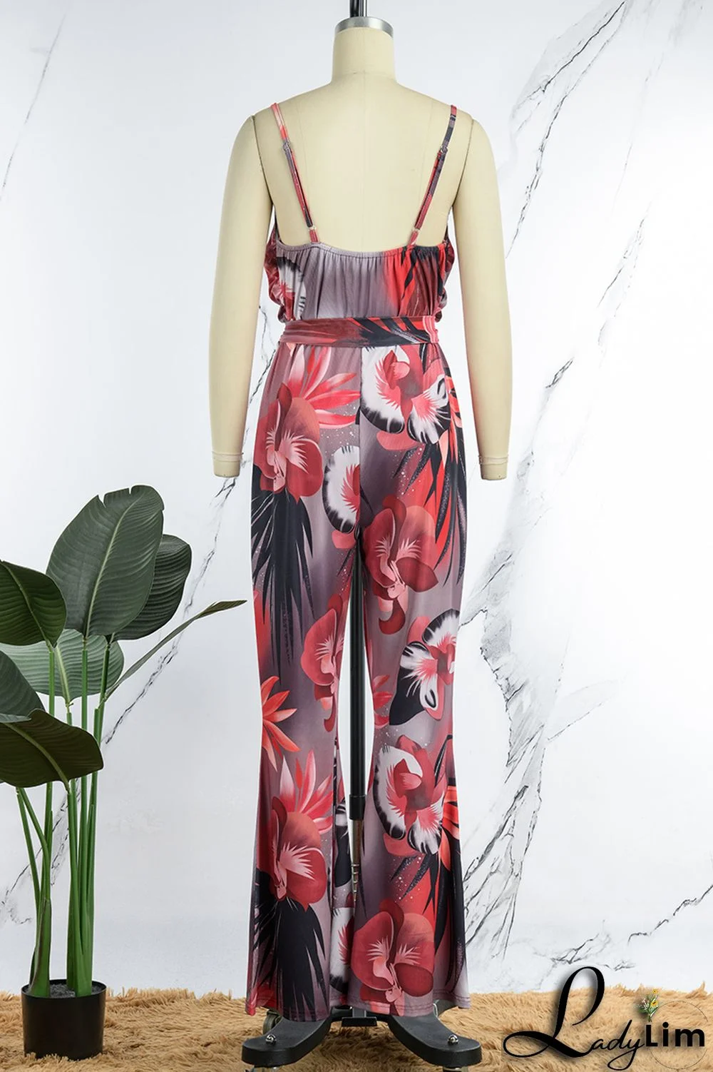 Red Sexy Print Bandage Patchwork Spaghetti Strap Regular Jumpsuits