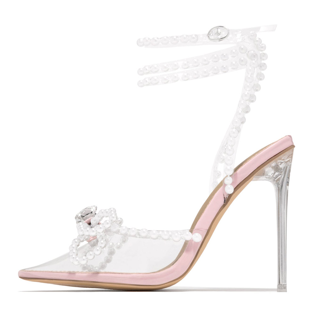 Elegant Pink Pointed Toe PVC Bow Heels Pearl Wrap Strap Wedding Shoes Nicepairs