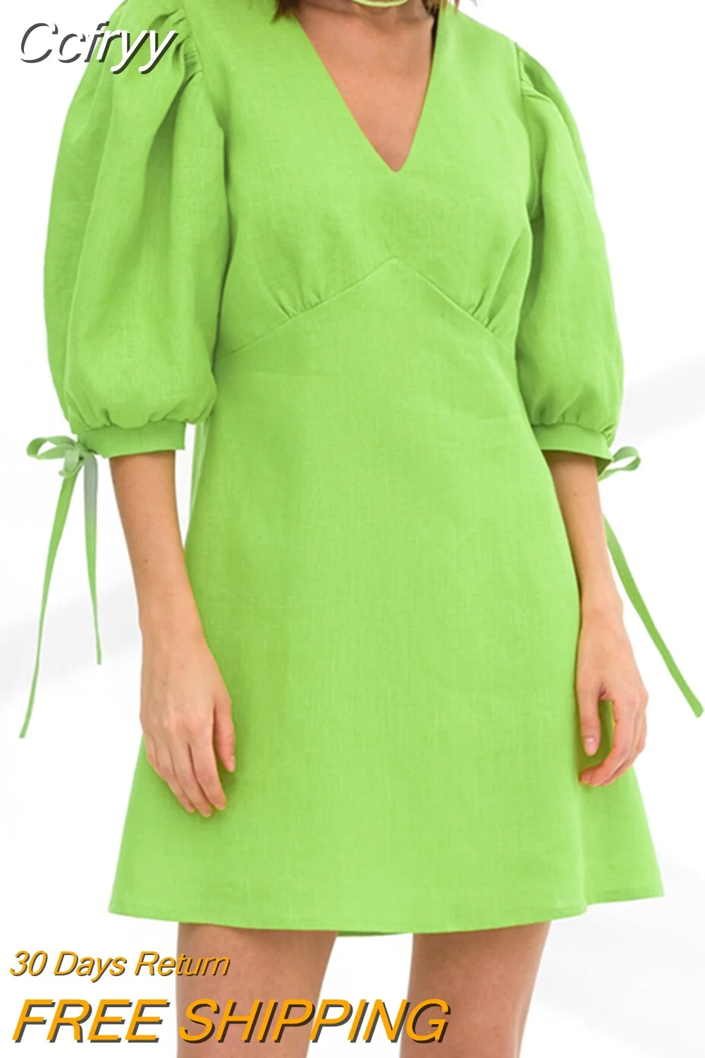 Huibahe Green Elegant A-Line Dress Lace-Up Women V-Neck Cotton Linen Dress Puff Sleeve Office Ladies Classy Dress Chic 2023